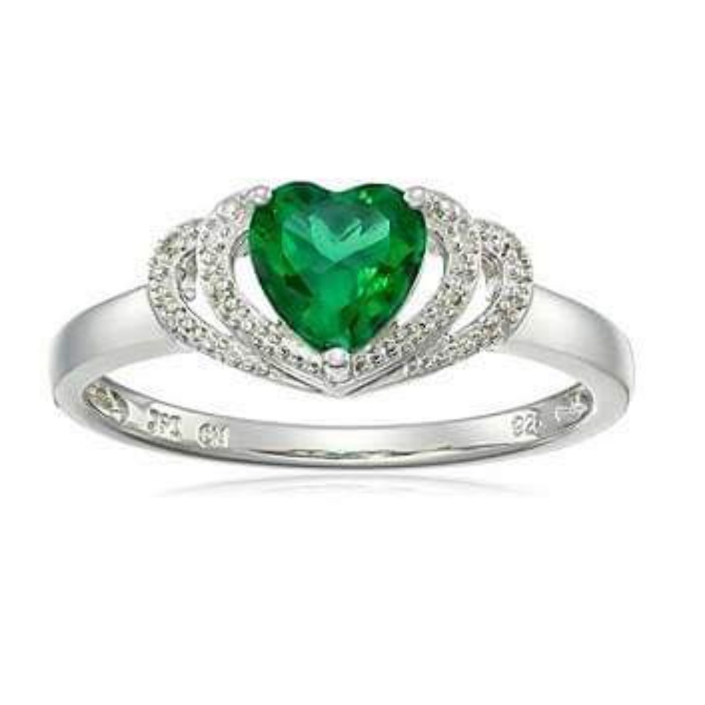 Sterling Silver Emerald & Diamond Open Heart Ring